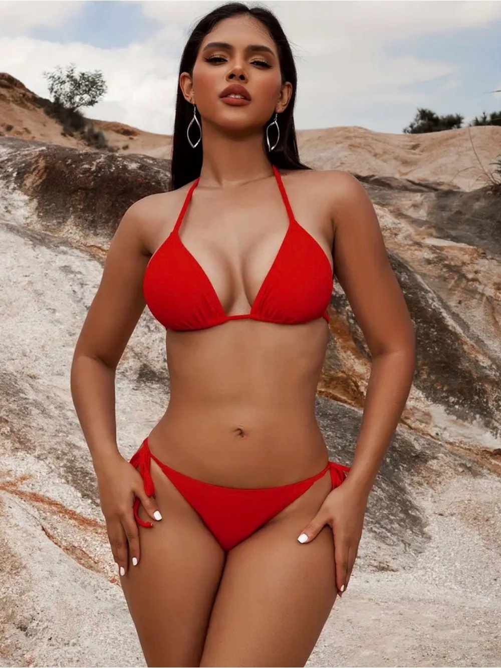 Women's Red Triangle Tie-Side Bikini Set